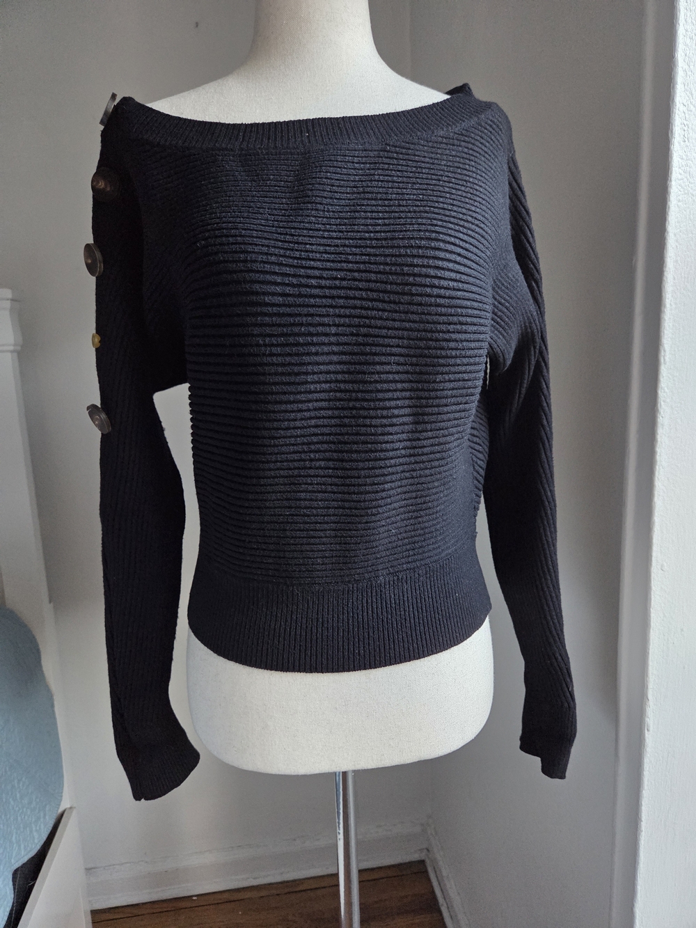 Zara Black Off-the-Shoulder Ribbed Sweater with Side Buttons